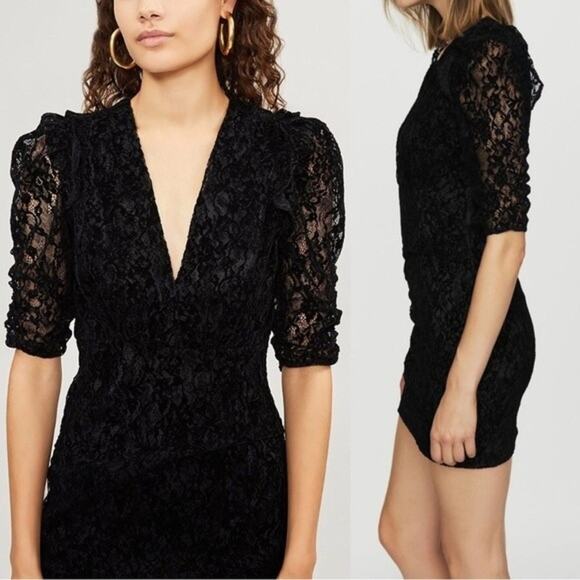 Maje | Rimael Black Velvet Flocked Lace Puff Sleeve Mini Dress Size 1 US S - Picture 1 of 11